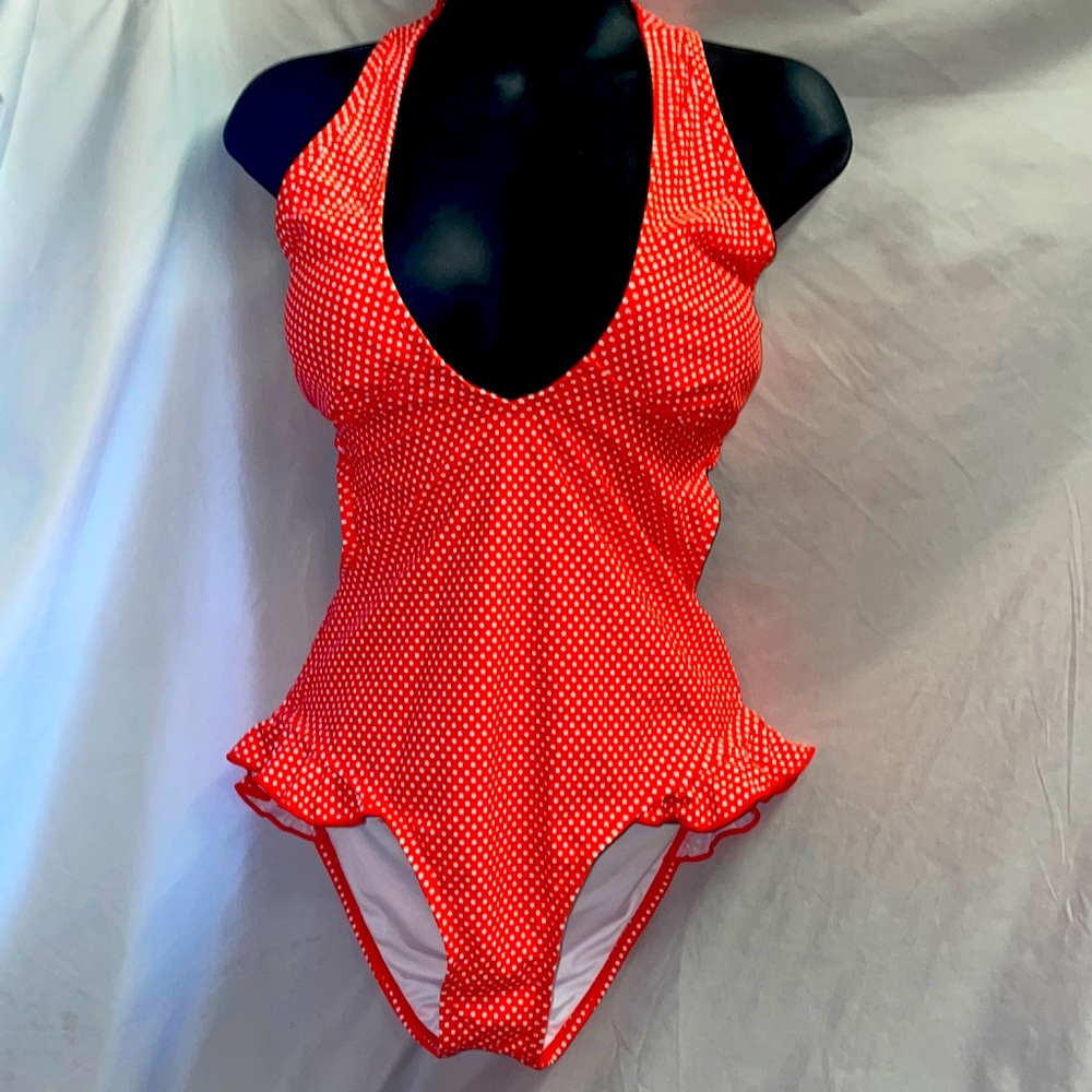 Coral Polka Dot one piece swim suit, size Small